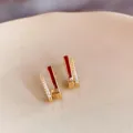 Gold-plated geometric earrings featuring red resin and sparkling zircon pave for daily elegance. - Geometric Double Row (106#)