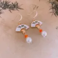 Gold plated vintage style folding fan earrings with white bamboo painting and pearls. - Fan Pendant (182#)