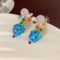 Chic blue strawberry drop earrings with crystal and pink floral studs. Unique aesthetic jewelry. - Strawberry Shape (153#)