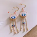Retro Chinese style tassel earrings with gold hooks, blue flower and resin cloud for women. - Lotus Tassel (191#)