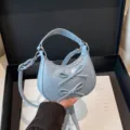 Sweet style bow women handbag solid color mini shoulder bag cute fashion crescent bag - Blue