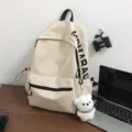 Minimalist solid color campus backpack for women stylish student school bag with cute bear pendant - L / White