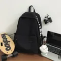 Korean style minimalist black canvas backpack for women school student campus casual daypack - L / Black