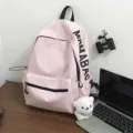 Pink casual student backpack with cute bear pendant, simple daily double shoulder school bag - L / Pink