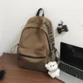 Minimalist solid color campus backpack, stylish student school bag with cute bear pendant. - With Scarf Bear Pendant / Brown