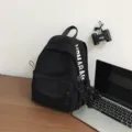 Minimalist black solid color backpack for women, casual school bookbag with front pocket. - With Scarf Bear Pendant / S / Black