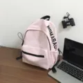 Pink casual backpack for women, stylish minimalist school bookbag with front zipper pocket. - With Scarf Bear Pendant / S / Pink