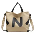 Khaki Damen Segeltuch Umhängetasche, lässige Canvas Tote Bag mit schwarzem N Buchstabe. - Khaki (Schwarze Buchstaben)