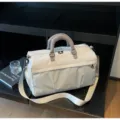 Light gray grid travel duffel bag, spacious gym sports bag with shoulder strap for weekend trips. - Off White