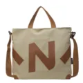 Beige canvas tote bag with brown handles, shoulder strap and large letter N patch sku. - Khaki (Coffee Letters)