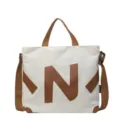 Canvas tote bag women retro style shoulder crossbody bag with large letter patch design - White (Coffee Letters)