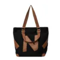Black canvas tote bag with brown PU leather straps and large N letter patch for daily use. - Style 2 Black