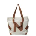 Canvas tote bag for women daily casual shoulder bag with brown PU leather contrast design. - White Style 2 (Woodland Park)