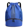 Blue drawstring sports backpack with wet dry compartment and mesh pockets for basketball. - Sapphire Blue