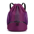 Purple drawstring sports backpack with mesh side pockets and bottom compartment for gym fitness. - Purple