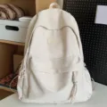 Minimalistischer Canvas Studenten Rucksack bequeme Freizeittasche fuer Schule und Alltag - Ohne Anhänger / Gebrochenes Weiß