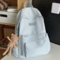 Einfacher hellblauer Schulrucksack für Studenten, lässiger Tagesrucksack mit Bärenanhänger. - Mit Schal Bär Anhänger / Blau