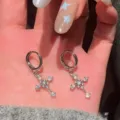 Silver cross zircon hoop earrings with sparkling crystal pendant for women fashion jewelry. - Cross Hoop Earrings (1 Pair)