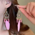 Bohemian vintage feather tassel earrings, unique dangle earrings with pink beads and chic metal. - 12# Ear Hook - Gold - Pink - Feather