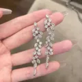 Silver Zircon Leaf Tassel Drop Earrings Long Dangle Crystal Earrings for Women Elegant Jewelry - Branch Design / Silver / Silver