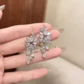 Silver-tone cubic zirconia floral tassel earrings, elegant and sparkling fashion jewelry. - Leaf Style / Silver / Silver