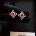 Silver needle luxury zircon geometric flower stud earrings, elegant red stone retro style jewelry. - Geometric / Silver / Silver Red