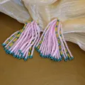 Pink beaded tassel earrings for women, long fringe statement jewelry stylish design. - Pink Bead Tassel (106#)