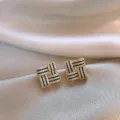 Gold geometric cubic zirconia square stud earrings for women fashion jewelry chic style - Crossed / Silver / Gold Black