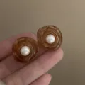 Caramel brown resin stud earrings with central pearl, stylish geometric design for women. - Brown Flower (32#)