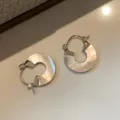 Minimalist mother of pearl hoop earrings with silver tone metal accents, elegant chic daily jewelry. - Silver White Round Hoop Earrings