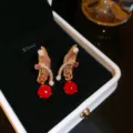 Gold zircon earrings with red pendant and pearls for women elegant jewelry variant style - Square Style / Silver / Gold Red