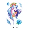 Waterproof watercolor unicorn temporary tattoo sticker with floral and feather designs. - TH-127