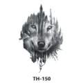 Waterproof temporary tattoo sticker featuring a wild wolf and pine tree forest design in black. - TH-150