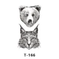 Autocollant de tatouage temporaire animal croquis noir et blanc avec ours et lynx. - T-166 / 60x105mm