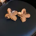Rose gold metallic flower stud earrings with sparkling crystal center for women fashion jewelry. - 91# Silver Post Earrings - Real Gold Plated - Gold Flower