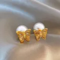 Orecchini a Lobo con Perla e Farfalla Oro Elegante Gioielli Moda per Donna e Ragazza - 77# Oro Bianco Perla Decorato