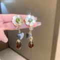 Elegant flower tassel earrings with green crystal and teardrop pendants, chic fashion jewelry for women. - 1# Flower Tassel / Gold