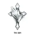 Waterproof temporary black tattoo sticker featuring praying hands and cross design for arm. - TH-501