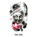 Tatouage temporaire tête de bouddha noir et blanc avec lotus rose, design élégant demi-bras. - Style Autocollant Tatouage (TH-535) / 210x148mm