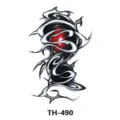 Waterproof temporary tattoo sticker featuring abstract biomechanical tribal art and red gem. - TH-490