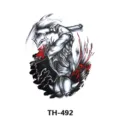 Waterproof temporary tattoo sticker featuring a fierce warrior with an axe design in black and red. - TH-492