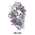 Waterproof temporary tattoo sticker featuring half skull female face and purple ribbons design. - HB-356