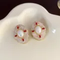 Vintage Baroque Pearl Ruby Earrings Elegant Gold Metal Retro Studs For Women Variant - 143# Oval