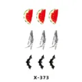 Temporary tattoo sticker sheet featuring cute watermelon, feather and bat designs for body art. - Watermelon & Feather (X-373)