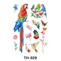 Watercolor bird and flower temporary tattoo sticker sheet featuring vibrant macaws and butterflies. - TH-029 Pattern