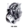 Waterproof temporary tattoo sticker featuring realistic black and white wolf and Indian design. - HB-884
