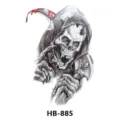 Waterproof temporary tattoo sticker featuring a detailed grim reaper skeleton design. - HB-885