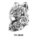 Temporary tattoo sticker featuring fierce tiger and elegant roses in black and white sketch. - TH-084X