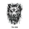 Black and white wolf temporary tattoo sticker, aggressive ink splatter design for art. - TH-559