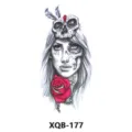 Waterproof temporary tattoo sticker featuring a gothic skull woman and red rose design. - XQB-177 / 210x114mm